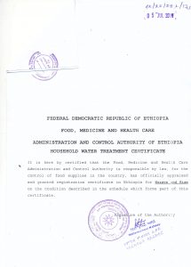 nazava fmhaca fmacha Ethiopian FDA certificate for Nazava Riam water filter